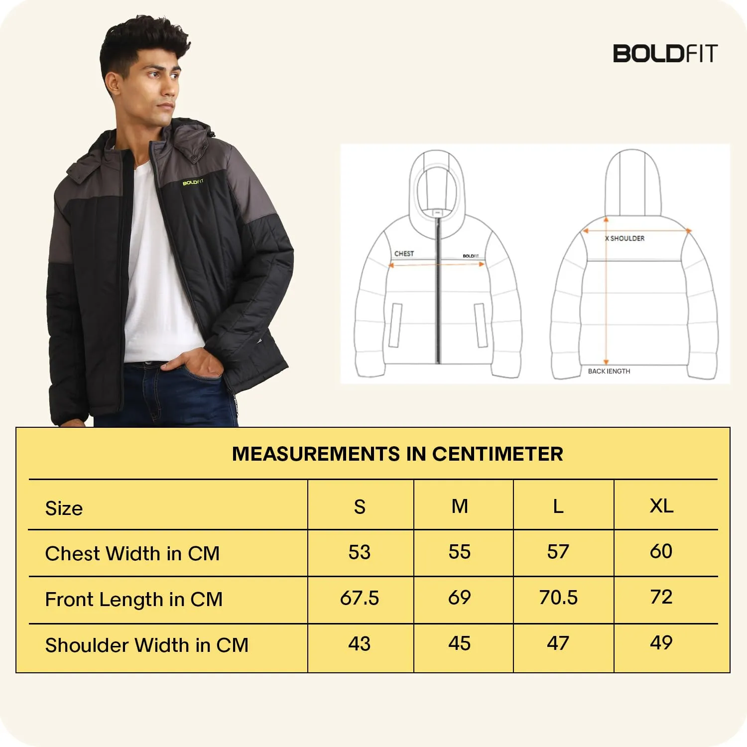 Boldfit Winter Polyester Jacket for Men Quilted Hooded Winter Jackets Full Sleeve Jacket Monsoon All Weather Jacket Wear Bomber Padded Jacket Black Grey XL