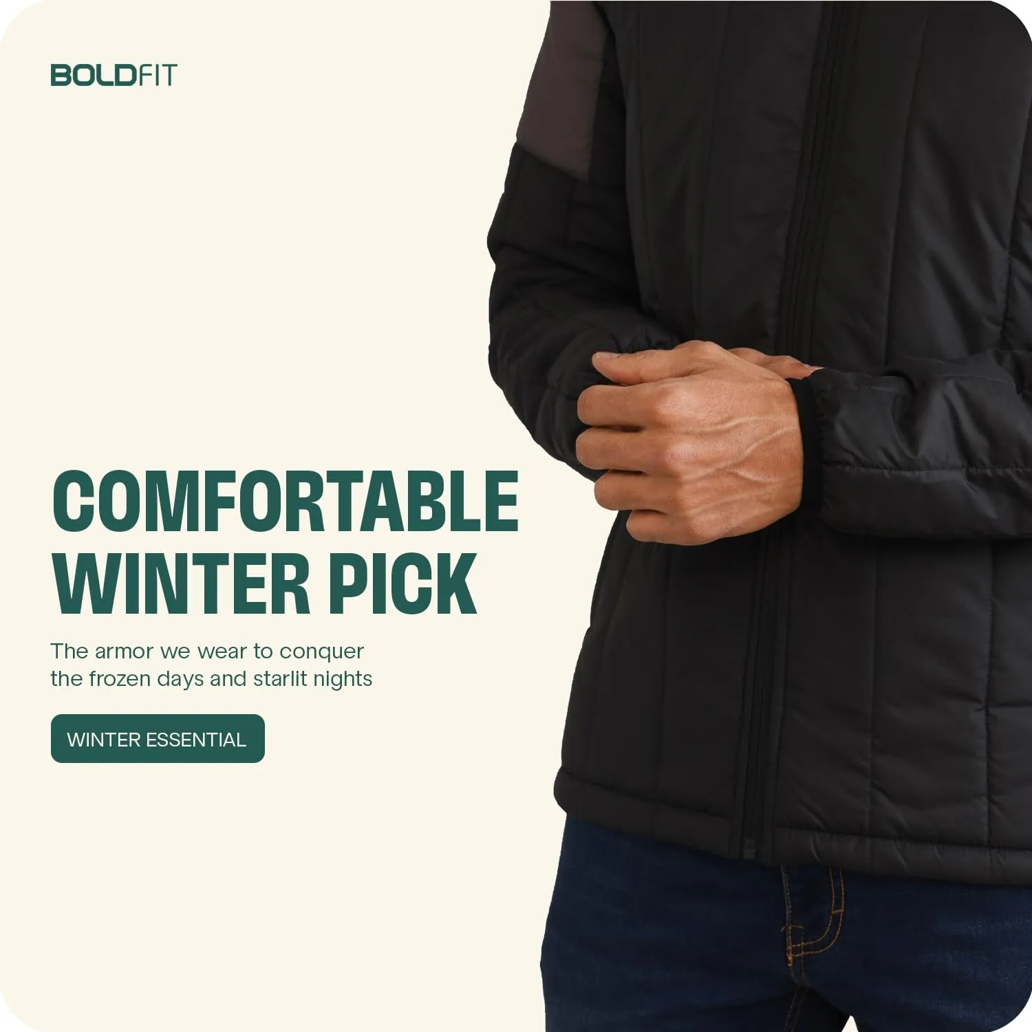 Boldfit Winter Polyester Jacket for Men Quilted Hooded Winter Jackets Full Sleeve Jacket Monsoon All Weather Jacket Wear Bomber Padded Jacket Black Grey XL