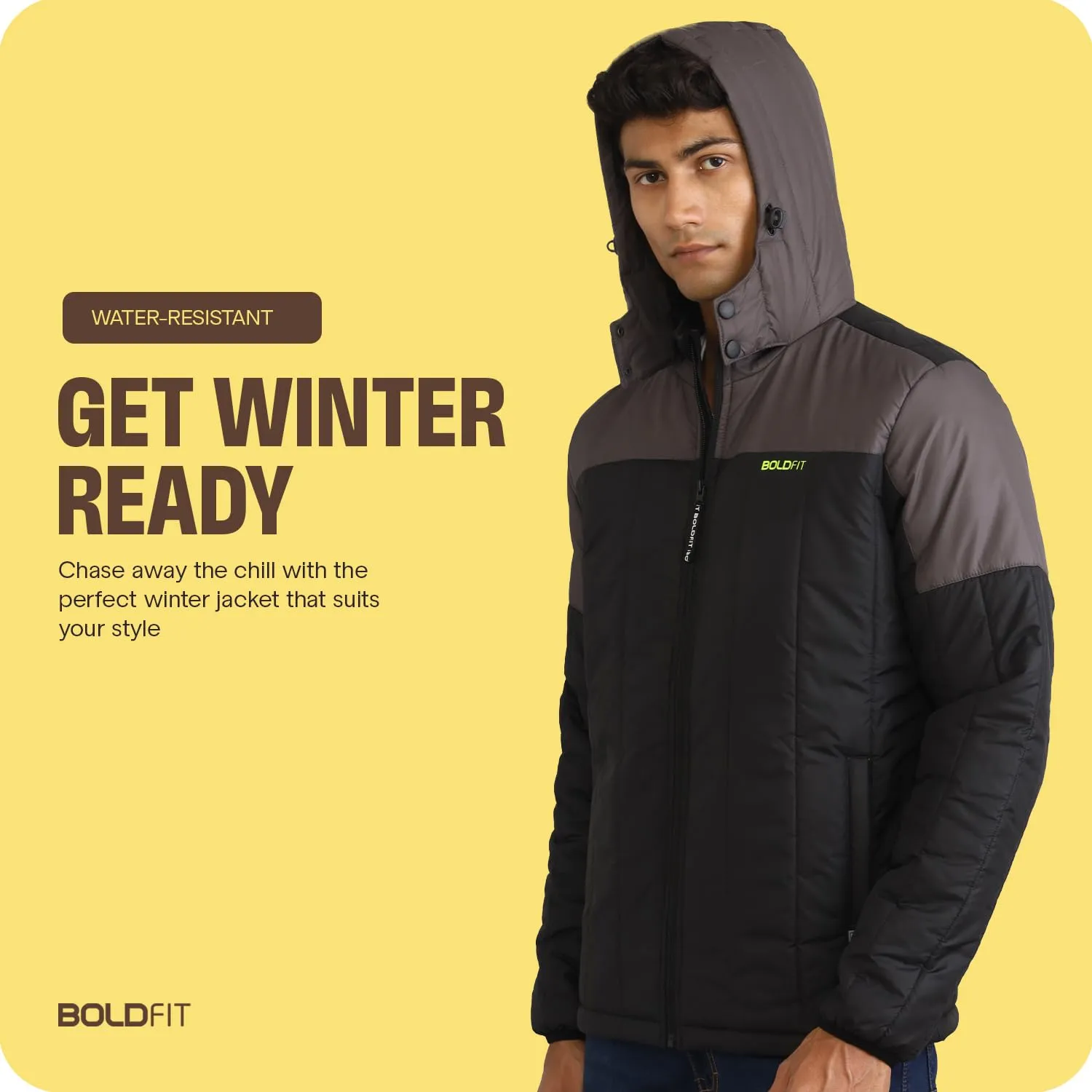 Boldfit Winter Polyester Jacket for Men Quilted Hooded Winter Jackets Full Sleeve Jacket Monsoon All Weather Jacket Wear Bomber Padded Jacket Black Grey XL