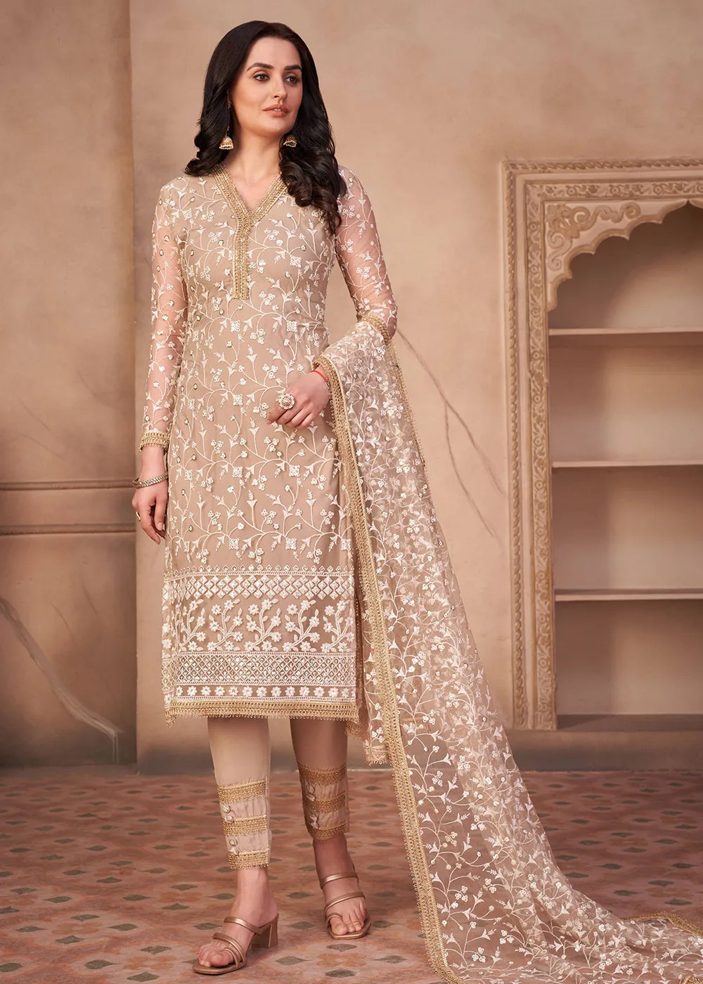 Chiku Beige Mono Net Festival Wear Pant Suit