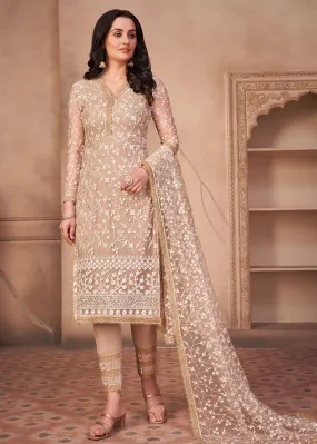 Chiku Beige Mono Net Festival Wear Pant Suit