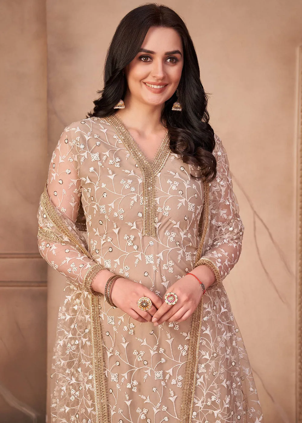 Chiku Beige Mono Net Festival Wear Pant Suit