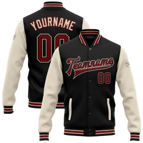 Custom Black Crimson City Cream-Cream Bomber Full-Snap Varsity Letterman Two Tone Jacket