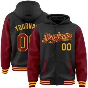 Custom Black Crimson-Gold Bomber Full-Snap Varsity Letterman Two Tone Hoodie Jacket