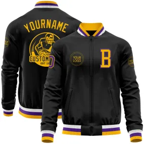 Custom Black Gold-Purple Bomber Varsity Letterman Zipper Jacket