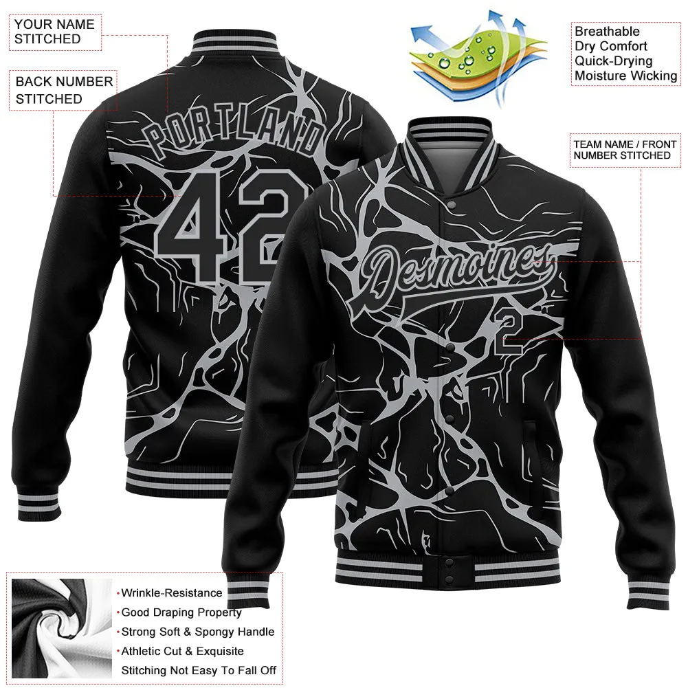 Custom Black Gray Abstract Network 3D Pattern Design Bomber Full-Snap Varsity Letterman Jacket