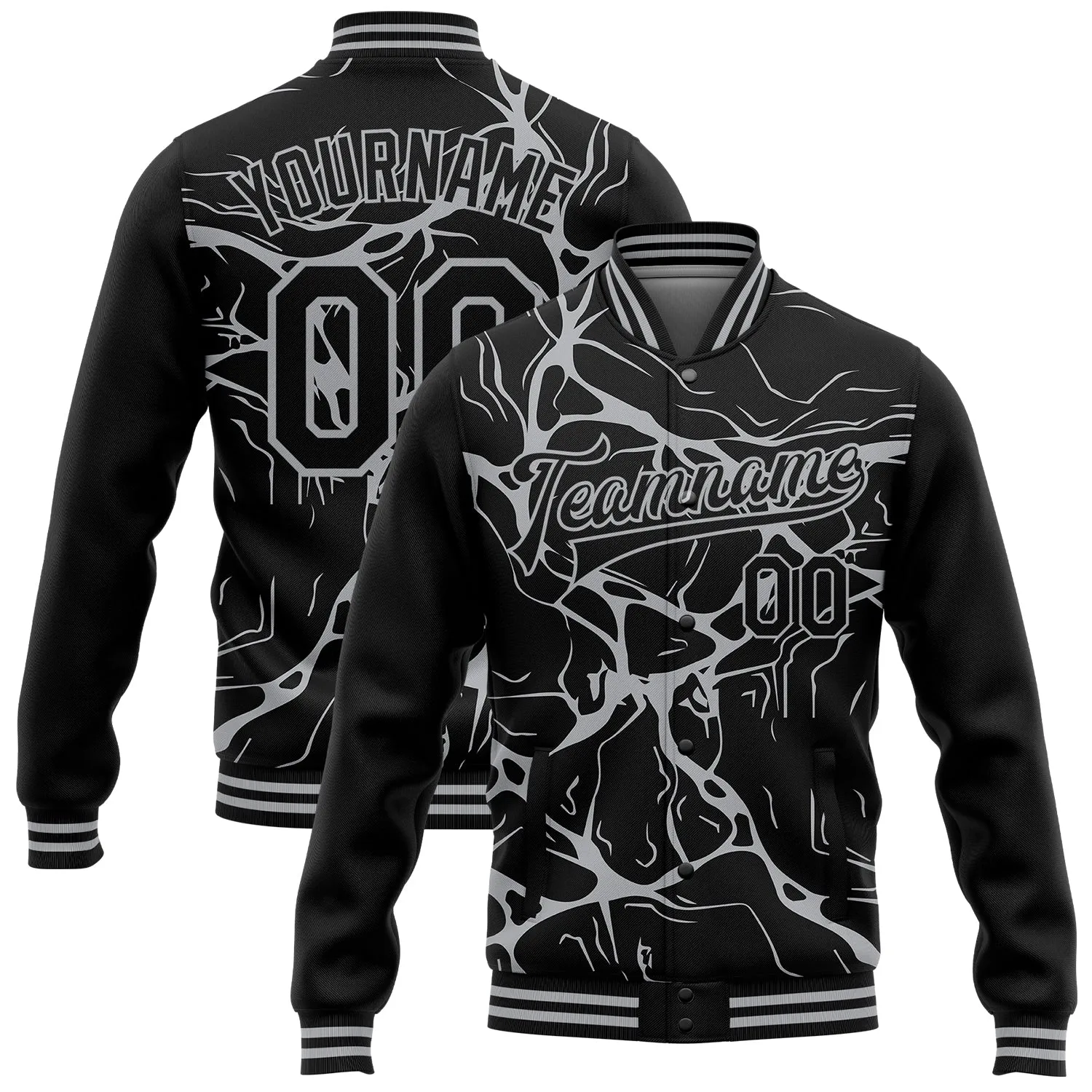 Custom Black Gray Abstract Network 3D Pattern Design Bomber Full-Snap Varsity Letterman Jacket