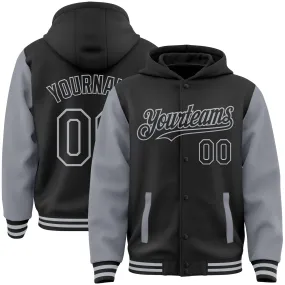 Custom Black Gray Bomber Full-Snap Varsity Letterman Two Tone Hoodie Jacket