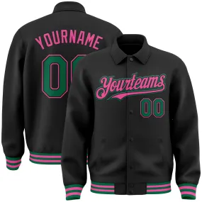 Custom Black Kelly Green-Pink Bomber Full-Snap Varsity Letterman Lapel Collar Byron Jacket