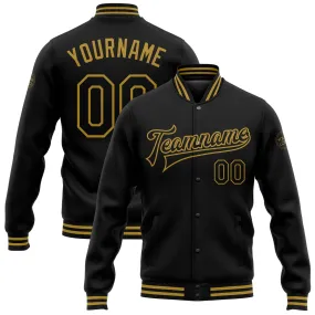 Custom Black Old Gold Bomber Full-Snap Varsity Letterman Jacket