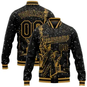 Custom Black Old Gold New York Statue of Liberty 3D Pattern Design Bomber Full-Snap Varsity Letterman Jacket