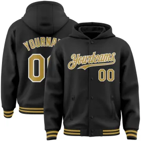 Custom Black Old Gold-White Bomber Full-Snap Varsity Letterman Hoodie Jacket