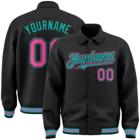 Custom Black Pink-Aqua Bomber Full-Snap Varsity Letterman Lapel Collar Byron Jacket