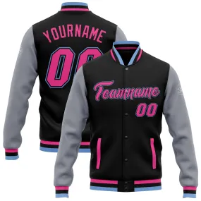 Custom Black Pink Gray-Light Blue Bomber Full-Snap Varsity Letterman Two Tone Jacket