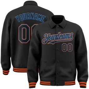 Custom Black Powder Blue-Orange Bomber Full-Snap Varsity Letterman Lapel Collar Byron Jacket