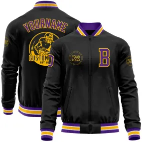 Custom Black Purple-Gold Bomber Varsity Letterman Zipper Jacket