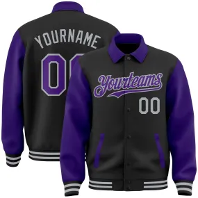 Custom Black Purple-Gray Bomber Full-Snap Varsity Letterman Two Tone Lapel Collar Byron Jacket