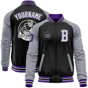 Custom Black Purple-Gray Bomber Varsity Letterman Two Tone Zipper Jacket