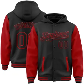 Custom Black Red Bomber Full-Snap Varsity Letterman Two Tone Hoodie Jacket