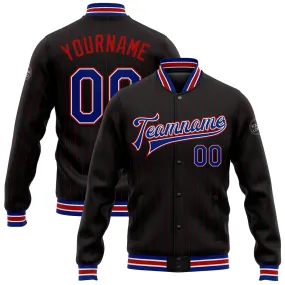 Custom Black Red Pinstripe Royal-White Bomber Full-Snap Varsity Letterman Jacket