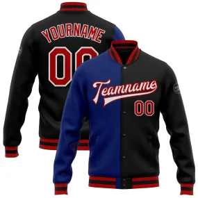 Custom Black Red-Royal Bomber Full-Snap Varsity Letterman Split Fashion Jacket