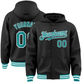 Custom Black Teal-White Bomber Full-Snap Varsity Letterman Hoodie Jacket