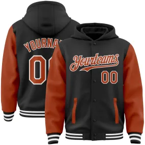 Custom Black Texas Orange-White Bomber Full-Snap Varsity Letterman Two Tone Hoodie Jacket