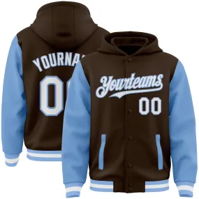 Custom Brown White-Light Blue Bomber Full-Snap Varsity Letterman Two Tone Hoodie Jacket