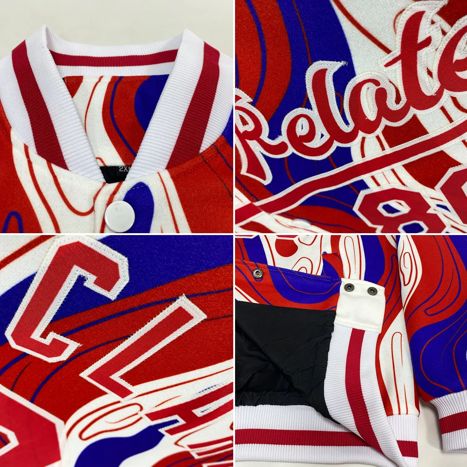 Custom Figure Red-Royal 3D Bomber Full-Snap Varsity Letterman Jacket