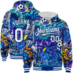 Custom Graffiti Pattern White-Royal Abstract Urban Street Art 3D Bomber Full-Snap Varsity Letterman Hoodie Jacket