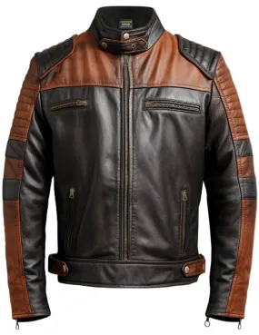 Men Brown Black Leather Jacket - Mens Brown Leather Biker Jacket