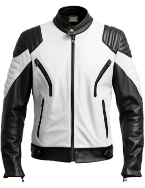 Men Leather Jacket- White and Black Leather Jacket Biker Style