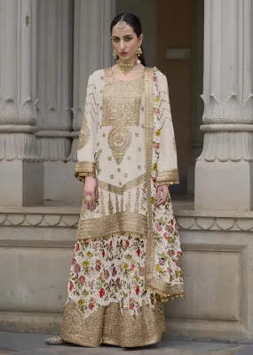 Off White Pure Chinnon Pakistani Style Palazzo Suit