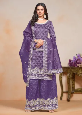 Plum Purple Gold Crushed Embroidered Palazzo Suit