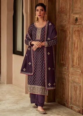 Premium Silk Purple & Gold Embroidered Indian Salwar Kameez