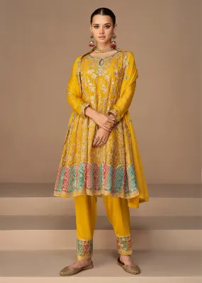 Traditional Look Yellow Chinon Silk Punjabi Style Suit